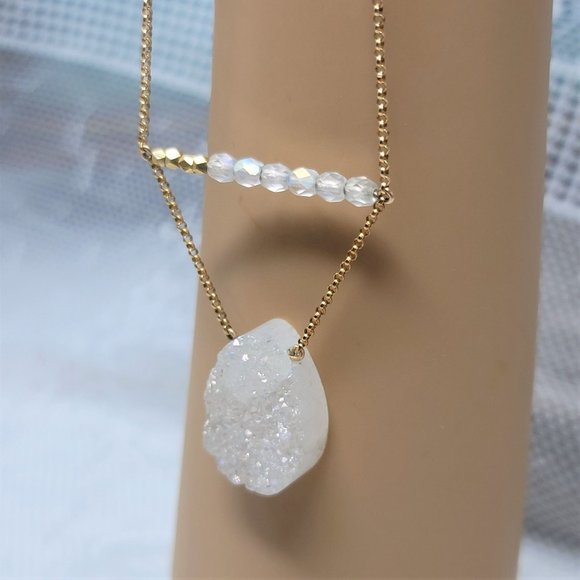 Glittery White Druze Necklace Gold tone - Picture 8 of 10
